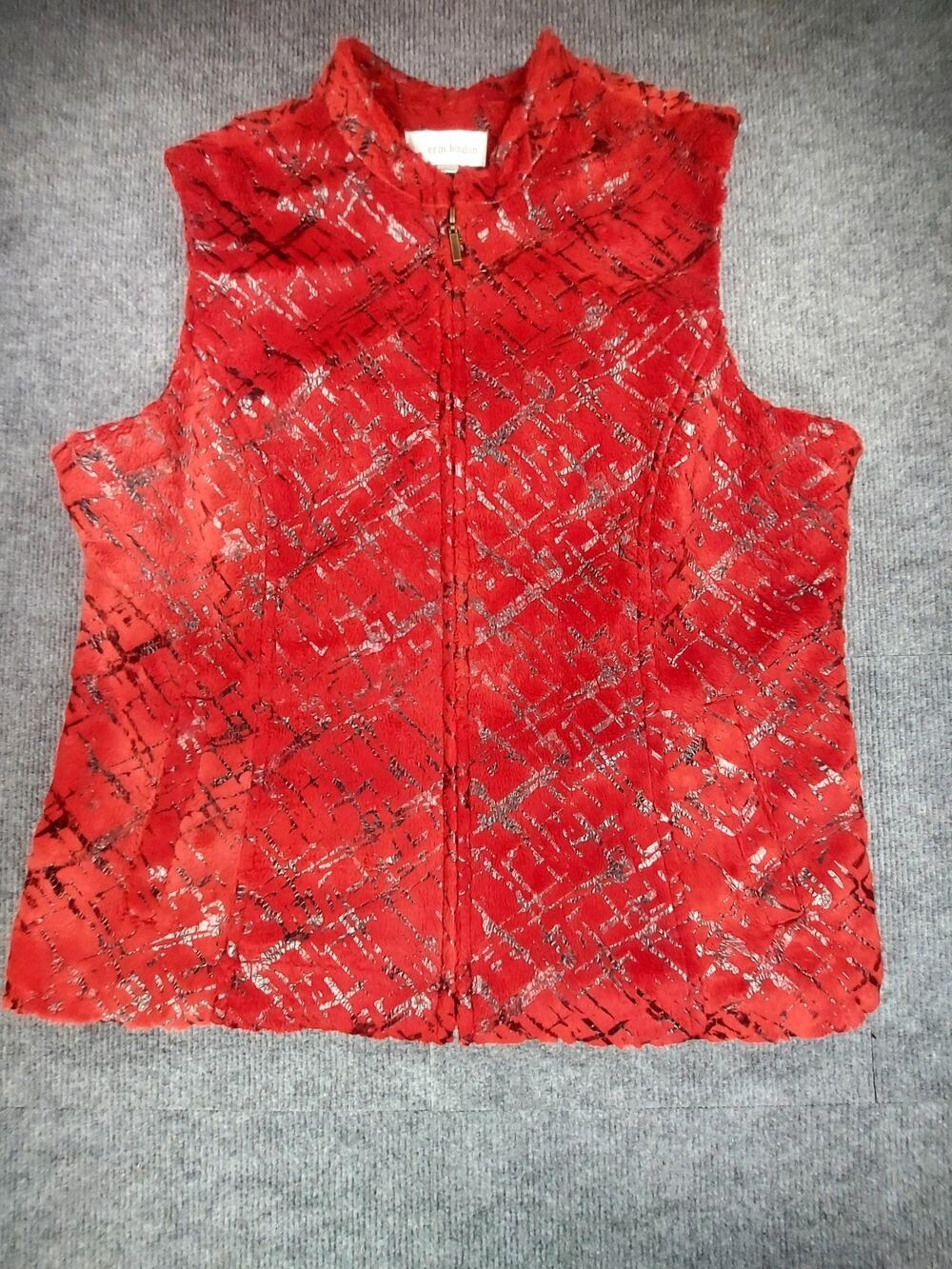 Erin London Women L Vest Red Black Abstract Print Fleece Full Zip Layering EUC